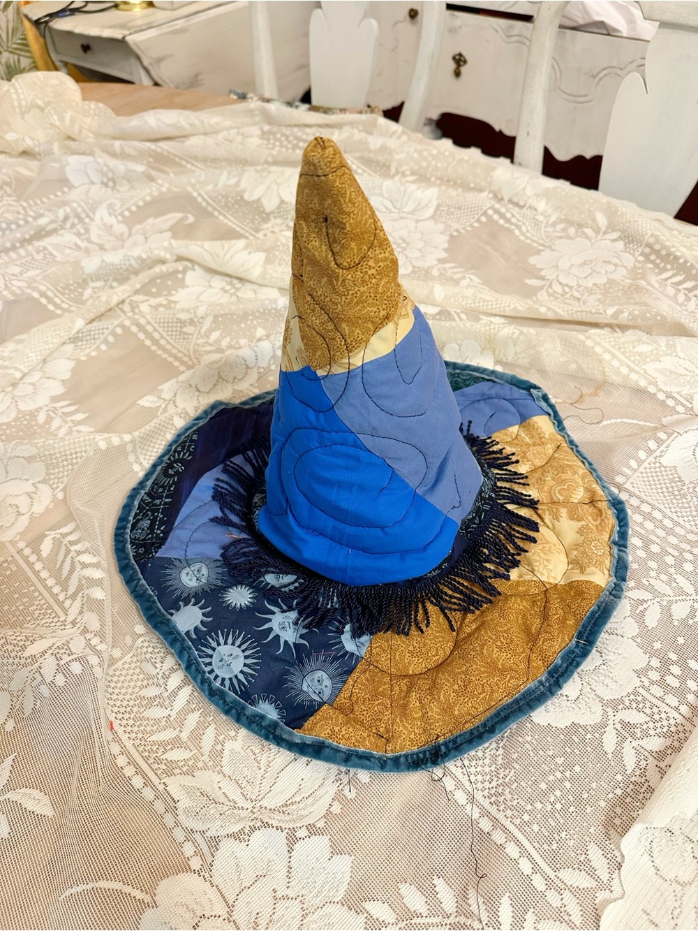 Quilted Blue and Gold Witch Hat with Celestial Accent